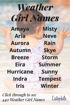 440 Weather Girl Names, including storm, thunder, lightning, rain, sky, cloud, wind and snow names; and girl names meaning weather. Click through to see more Weather Girl Names. Rain Names, Snow Names, Wind Names, Names For Babies, Names Meaning, Cool Boy Names, Pokemon Names