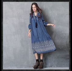 Silhouette: PleatedOrigin: CN(Origin)Season: AutumnNeckline: V-NeckSleeve Style: Lantern SleeveDecoration: NONEStyle: CasualDresses Length: Mid-CalfMaterial: COTTONMaterial: DenimSleeve Length(cm): halfGender: WOMENWaistline: Natural FactorsPattern Type: Solid Bohemian Long Sleeve Denim Blue Dress, Denim Blue Bohemian Long Sleeve Dress, Long Sleeve Embroidered Denim Blue Dress, Embroidered Long Sleeve Denim Blue Dress, Embroidered Denim Blue Long Sleeve Dress, Vintage Denim Dress, Sundress Casual, Long Sundress, Spring Dresses Casual