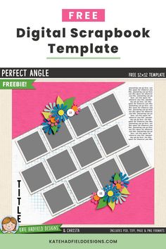 the free digital scrapbook template is shown with flowers and leaves on it, as well as