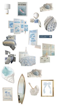 an assortment of blue and white items are arranged on a white background with gold trimmings