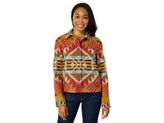 Pendleton Cardwell Wool Jacket - Women's Clothing : Journey West : Sport a casual look wearing the vintage-inspired Pendleton Cardwell Wool Jacket. Relaxed fit. Classic spread collar and long sleeves. Center-front button placket. Allover eye-catching multicolored abstract print. Two patch pockets on the front for added practicality. 100% wool. Dry-clean. Imported. Measurements: Length: 22 1 2 in Sleeve Length: 31 in Product measurements were taken using size SM (US 4-6). Please note that measure Western Style Long Sleeve Workwear Outerwear, Western Style Fall Outerwear With Snap Buttons, Western Style Long Sleeve Outerwear For Work, Western Style Workwear Outerwear, Western Style Outerwear With Snap Buttons For Fall, Western Style Long Sleeve Outerwear With Pockets, Western Long Sleeve Outerwear With Pockets, Western Style Winter Outerwear With Snap Buttons, Western Style Outerwear With Button Closure For Work