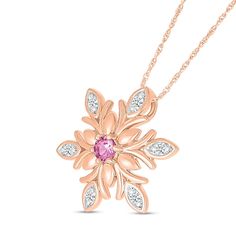 This stunning snowflake dazzles with lab-created gemstones. 10K rose gold The snowflake-shaped pendant is centered with a 3.0mm pink lab-created sapphire White lab-created sapphires add extra sparkle 18.0-inch rope chain; spring-ring clasp Elegant Pink Christmas Jewelry, White Lab, Snowflake Pendant, Rope Chain, Spring Rings, Sapphire, Sparkle, Rose Gold, Chain