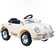 a white toy car with black wheels on a white background