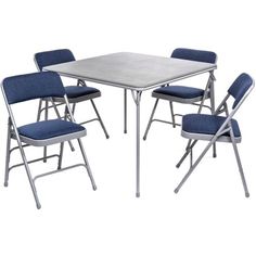 four folding chairs and a square table with blue fabric on the top, set against a white background