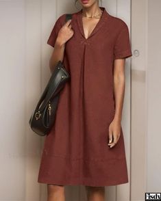 Fisdy - Elegante vestido de lino de manga corta para un look relajado y elegante sin esfuerzo Everyday Elegance, Plain Dress, Linen Mini Dress, Linen Short, Sleeved Dress, Mini Dress Casual, Red Midi Dress, Vestido Casual, Loose Dress