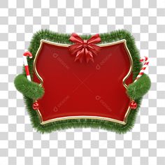 a christmas frame with green grass and red ribbon on it, as well as candy canes