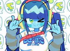 an anime character wearing headphones and holding up two fingers