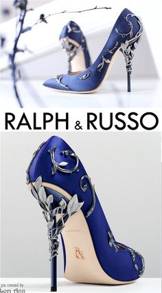 Ralph & Russo Eden Pump in Colbalt & Antique Silver Ravenclaw Shoes, Blue And Silver Heels, Ice Heels, Blue Floral Heels, Ralph And Russo Shoes, Expensive Heels, Sea Queen, Blue High Heels, Ralph Russo