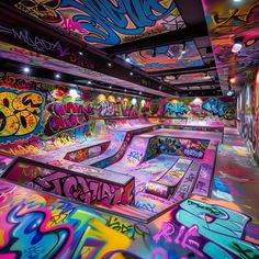 an indoor skate park with colorful graffiti on the walls