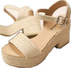 Strappy Heels With Round Toe For Vacation, Strappy Round Toe Heels For Vacation, Strap Heels With Round Toe For Vacation, Casual High Heel Sandals With Braided Straps, Beige Straw Platform Sandals, Beach High Heel Sandals With Adjustable Strap, Beige Platform Sandals With Straw Material, High Heel Sandals With Adjustable Strap For Beach, Casual Strap Wedge Sandals For Vacation