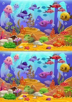 two screens showing different types of fish in an aquarium with corals and seaweed