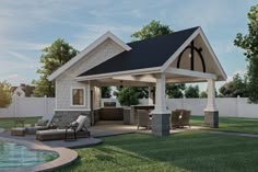 an outdoor kitchen and living room are shown in this 3d renderer image from the front yard