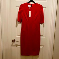 Sport-Red, 69% Viscose, 25% Nylon, 6% Elastane, No Appliqus, Basic Solid Color, Round Collar, Short Sleeves, No Pockets, Rear Closure, Zipper Closure, Fully Lined, Stretch Red Size 6 Classic Red Midi Dress For Formal Occasions, Red Fitted Midi Dress For Semi-formal Occasions, Fitted Red Silk Midi Dress, Red Fitted Silk Midi Dress, Red Sheath Midi Dress For Work, Elegant Red Lined Midi Dress, Rock Dresses, Akris Punto, Midi Sheath Dress