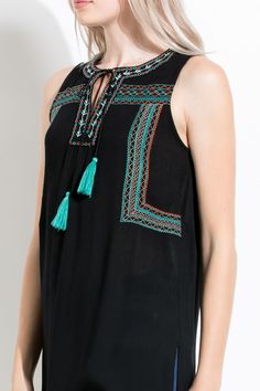 Aztec Embroidered Sleeveless Top, Black - Violet Skye Boutique Thml Clothing, Spring Summer Capsule Wardrobe, Black Tunic Dress, Designer Kurti Patterns, Tassel Top, Embroidered Tunic Top, Colorful Embroidery, Summer Capsule, Small B