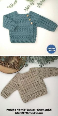 two knitted sweaters with buttons on the front and back, one is made from yarn