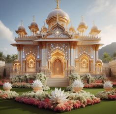 an elaborately decorated building with flowers in the foreground