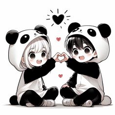 two cartoon pandas sitting next to each other with hearts coming out of their mouths