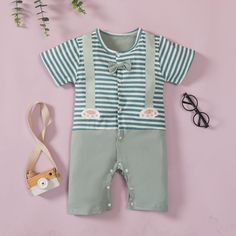 Baby Gentleman Striped Romper Children's Clothing - PrettyKid Green Short Sleeve Onesie For Playwear, Casual Green Onesie For Playwear, Casual Green Jumpsuits And Rompers For Playwear, Boutique Wholesale, Suspenders Set, Baby Boy Romper, Striped Rompers, Fabric Cotton, Types Of Shirts