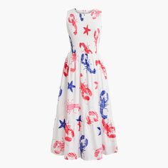 Printed smocked midi dress Lobster Dress, Blue Lobster, Fall Suit, Cotton Midi Dress, Jcrew Women, Plaid Dress, J Crew Factory, Star Print, Red White And Blue