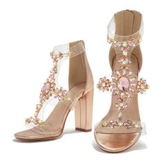 Elevate your style with FSJ Rose Gold Rhinestone Sandals. You are featuring an open-toe, T-strap design, and clear heels adorned with sparkling rhinestones for a glamorous and chic look. Color: Rose gold Heel Type: Block heel Heel Height: 4.72" / 120 mm approx Product measurements were taken using size 8. Please note that measurements may vary by size. Toe: Open toe Rhinestone embellishment Sexy transparent T-strap design Handcrafted US sizing. Fits true to size. Strap High Heels, Rose Gold Heels, Cowboy Shoes, Dance Heels, Homecoming Outfits, Embellished Heels, Bling Shoes, Large Stone, Rhinestone Sandals