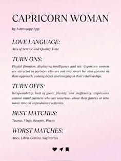 the caption for capricorn woman is shown in black and white text on a pink background