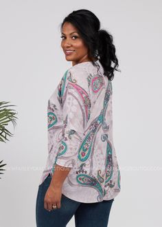 THIS TOP IS ONE YOU'RE SURE TO CHERISH! - Ivory & Grey Medallion printed background w/ Grey, Jade, Pink & Soft Yellow Paisley Print - Scoop Neckline; 3/4, Drop Shoulder, Dolman Sleeve; Curved Hemline - Texturized silky feel; We feel Fits True To Size but you could size up for a looser fit through the hip - Shown with our Turquoise Multistrand Bracelet (sold separately) - Bust measured laid flat across front; armpit to armpit Small 20”; Medium 21”; Large 22”; XLarge 23”; 2XLarge 24”; 3XLarge 25” Multistrand Bracelet, Printed Background, Multi Strand Bracelet, Printed Backgrounds, Soft Yellow, Stylish Clothes For Women, Plus Size Womens Clothing, Trendy Dresses, Online Boutiques