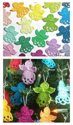 crocheted ornaments hanging from a christmas tree in different colors and sizes are shown