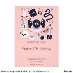 a pink birthday party card with an image of various items on the front and back