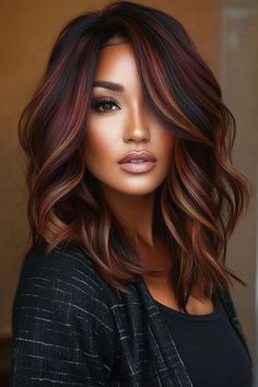 40 Cozy Winter Hair Color Ideas to Try This Season Chocolate And Burgundy Hair, Chocolate With Red Highlights, Brown Hair With Chunky Red Highlights, Christmas Hair Color Ideas For Brunettes, Hair Color Burgundy Highlights, Dark Chocolate Copper Hair, Winter Hair Color Red, Haircut Styles For Medium Length Hair, Winter Hair Color Black Women