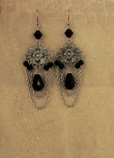 Chandelier Earrings, Black Earrings, Black Crystal Earrings, Gifts for Her, Goth Earrings, Dangle, P Black Crystal Earrings, Goth Earrings, Black Earrings Dangle, Giving Thanks, Earring Card, Earring Cards, The Opera, Phantom Of The Opera, Dangly Earrings