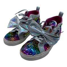 Jojo Siwa Rainbow Glitter Bling Bow Shoes Ground Up - Size 3 Good Used Shape!. Sparkling Synthetic Sneakers With Round Toe, Party Sneakers With Sequins And Round Toe, Synthetic Sneakers With Glitter Print And Round Toe, Party High-top Sneakers With Glitter Print, Party Glitter Print High-top Sneakers, High-top Glitter Print Party Sneakers, High-top Glitter Print Sneakers For Party, Sparkling Round Toe Sneakers For Party, Sparkling Round Toe Party Sneakers