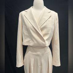 Includes Wide Leg Pants. High Waisted, Pleated. Tailored Long Sleeve Beige Pantsuit, Elegant Cropped Pantsuit For Office, Elegant Cropped Pantsuit For Formal Occasions, Elegant Cropped Pantsuit For Formal Events, Fitted Cropped Pantsuit For Formal Events, Chic Beige Long Sleeve Pantsuit, Fitted Cropped Pantsuit For Office, Wide Leg Pants High Waisted, Pants High Waisted