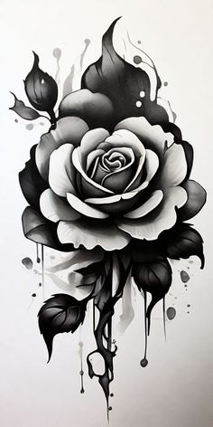 a black and white drawing of a rose with water drops on the bottom half of it