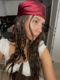 Woman’s Pirate Makeup, Natural Pirate Makeup, Corset Outfit Pirate, Pirate Hair Bandana, Pirate Hair Women Bandana, Bandana Hairstyles Pirate, Pirate Aesthetic Hairstyles, Bandana Pirate Style, Pirate Braids Hairstyles