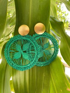 "Iraca Palm Earrings -  Handwoven with GoldWash Cluster Back  3\" long - Iraca straw earrings  Raffia earrings  Iraca palm earrings  - ⭐️Shipping: DHL : * USA, Central & North America: 2-3 Business Days   * Rest of The World: 4-6 Business Days  - These earrings are 100% Handmade using iraca Palm" Woven Earrings For Summer Festivals, Summer Festival Woven Earrings, Traditional Earrings For Beach Summer, Traditional Summer Beach Earrings, Beach Woven Green Jewelry, Green Macrame Jewelry For Summer, Green Bohemian Woven Earrings, Bohemian Green Woven Earrings, Fair Trade Green Jewelry For The Beach