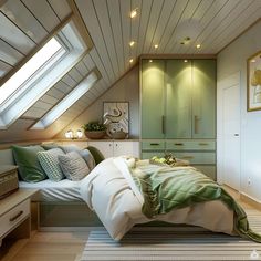 a bed sitting under a skylight in a bedroom next to a dresser and drawers