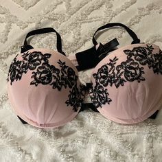 Nwot Pink With Black Lace Details Back Closure Pink Padded Party Bra, Party Pink Bra With Padded Cups, Pink Lined Bra For Party, Pink Party Bra With Lined Body, Pink Stretch Bra For Party, Pink Stretch Party Bra, Party Stretch Pink Bra, Fitted Pink Bra For Night Out, Party Pink Bra With Lace Trim