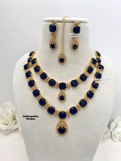 2 layered American Diamond Necklace Set in golden color/ CZ Necklace/Indian Jewelry/ Reception Jewelry/ Bollywood Jewelry/double layer necklace/golden navy blue   All items are shipped from Brampton, Ontario, Canada. If you need your item by a certain day, please reach out to us for express delivery option before placing the order so that we can update the shipping for you. Standard shipping/delivery timeline Below are the estimated delivery times after the order is shipped/dispatched.  ---> USA Blue Double Strand Necklaces For Party, Blue Double Strand Necklace For Party, Elegant Royal Blue Necklace For Party, Elegant Royal Blue Party Necklace, Blue Gold Plated Jewelry For Party, Blue Gold-plated Jewelry For Party, Blue Gold-plated Necklace For Formal Occasions, Royal Gold Jewelry For Formal Occasions, American Diamond Necklace Set