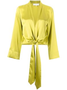 chartreuse green silk lightweight construction plunging V-neck wide sleeves tied waist Silk Chiffon Blouse, Michelle Mason, Chartreuse Green, Blouse Price, Tie Blouse, Casual Clothes, Green Blouse, Green Silk, Chiffon Blouse