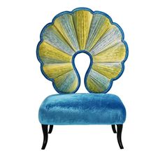 a blue and yellow chair with a shell shaped back