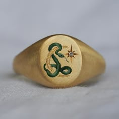 Mens Rings Fashion, Moon Ring, The Snake, Hand Engraving, Signet Ring, Vintage Design