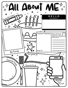 an all about me coloring page with pictures and text on the front, in black and white