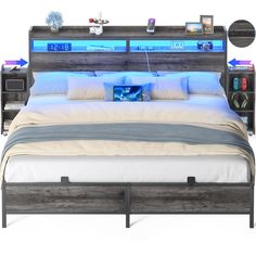 a bed with blue lights on the headboard and night stands in front of it