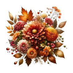 an arrangement of colorful flowers and leaves on a white background with the words autumn written below it