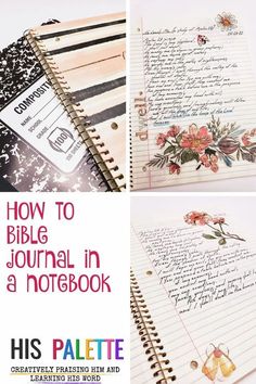 an open notebook with flowers and writing on the pages is shown in three different photos