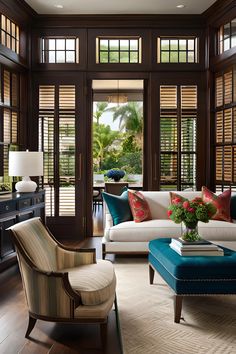 a living room filled with furniture and windows covered in wooden slatted shutters