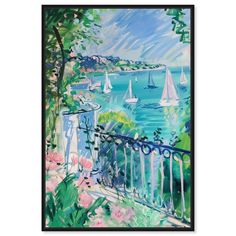 a painting of sailboats on the water near a fence and trees with pink flowers