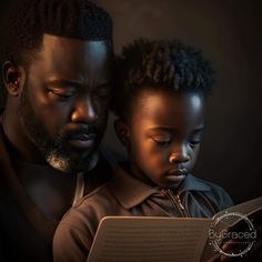 a man and child reading a book together