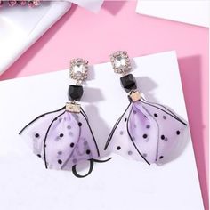 White Rectangle Rhinestone Lavender/Purple Polka Dotted Ribbon Drop Earrings Women Fashion Jewelry Size: 2(W) X 3 (L) Inches Metal: Zinc Alloy Elegant Purple Jewelry For Summer, Elegant Purple Summer Jewelry, Elegant Summer Purple Jewelry, Elegant Lavender Earrings For Party, Purple Earrings For Summer Party, Summer Party Purple Earrings, Trendy Lavender Jewelry For Party, White Rectangle, Earrings Women