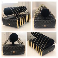 four pictures of chanel purses with gold chains and black leather, all in different positions